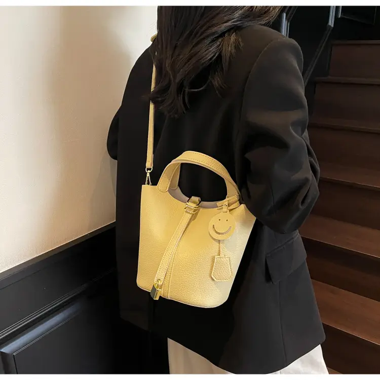 Women's Yellow Litchi Pattern Bucket Bag 2025 — feature 39