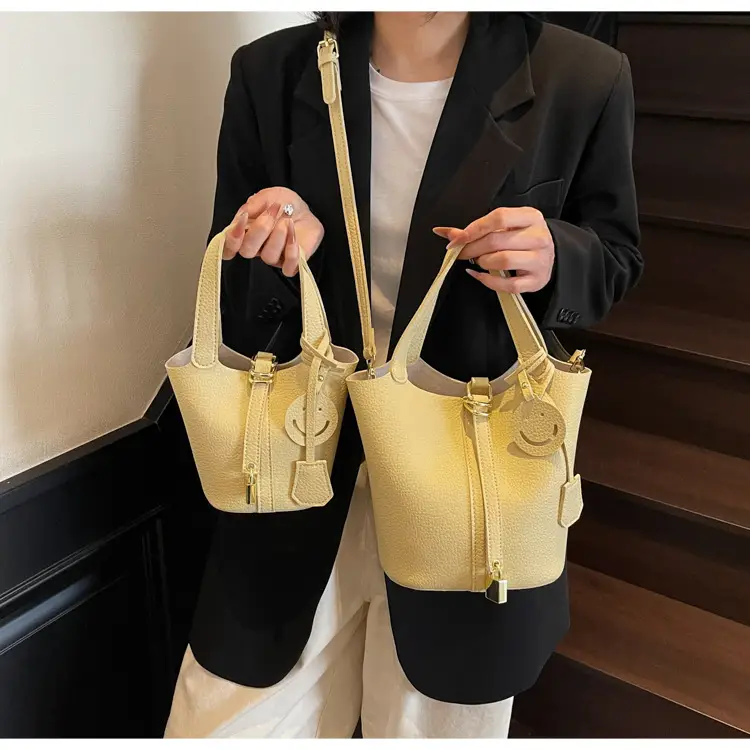 Women's Yellow Litchi Pattern Bucket Bag 2025 — feature 40