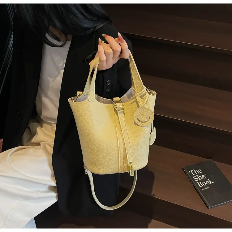 Women's Yellow Litchi Pattern Bucket Bag 2025 — feature 41