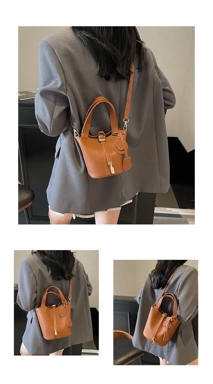 Women's Yellow Litchi Pattern Bucket Bag 2025 — feature 9