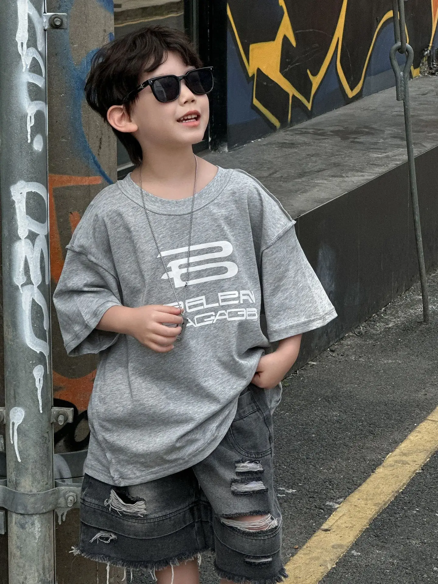 Boys Grey Printed T-Shirt 2025 Summer Casual Wear - Image 2