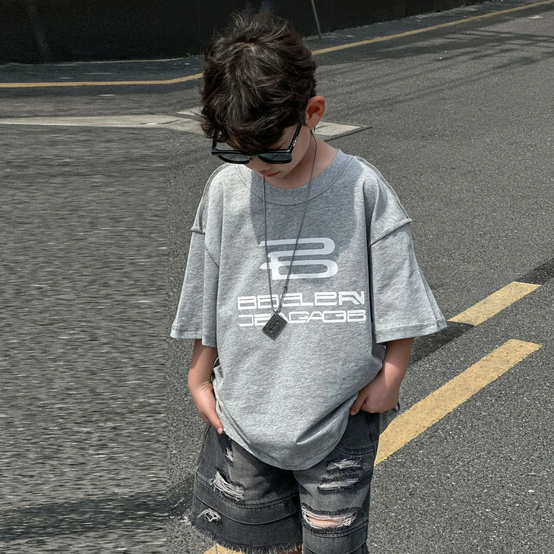 Boys Grey Printed T-Shirt 2025 Summer Casual Wear — feature 12