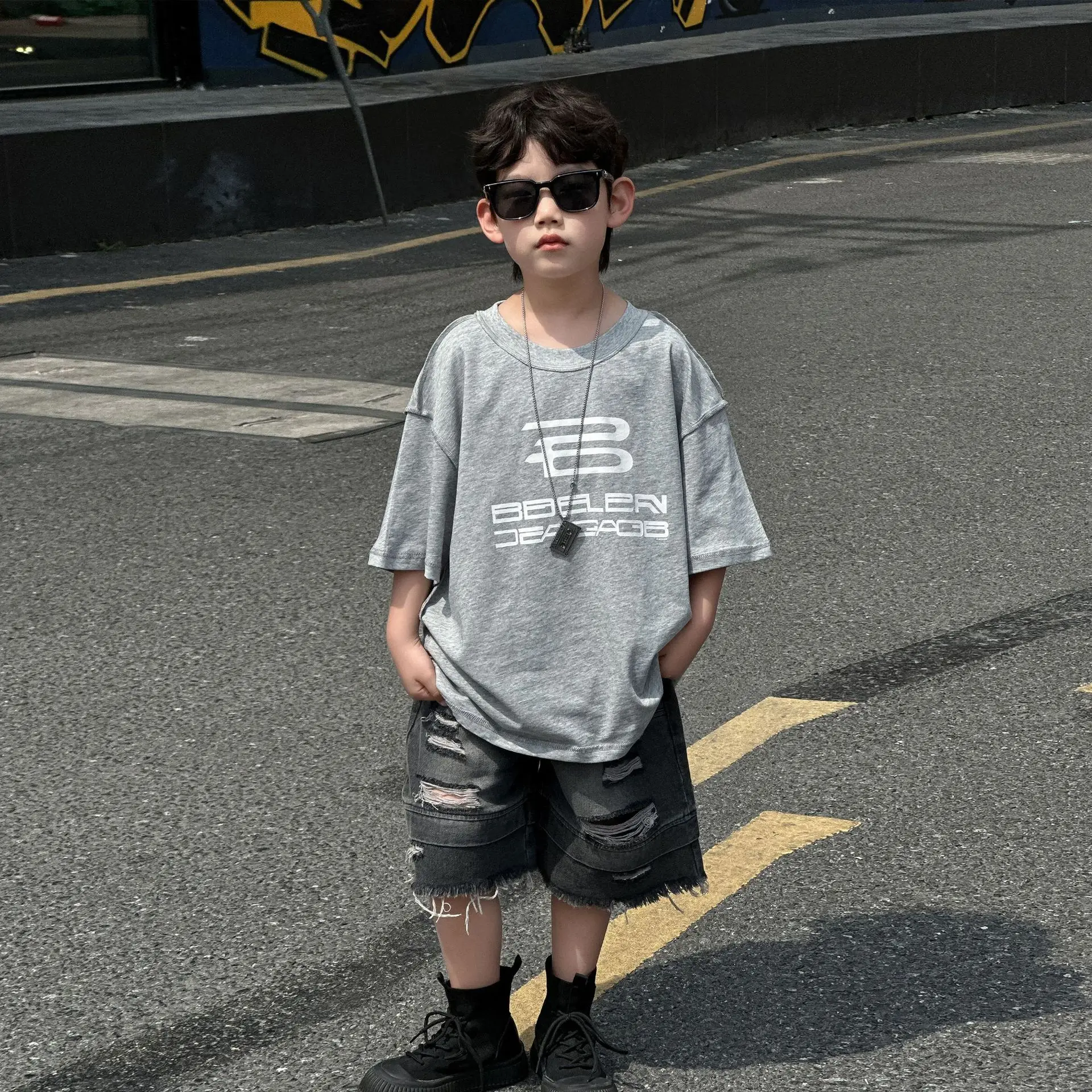 Boys Grey Printed T-Shirt 2025 Summer Casual Wear — feature 13