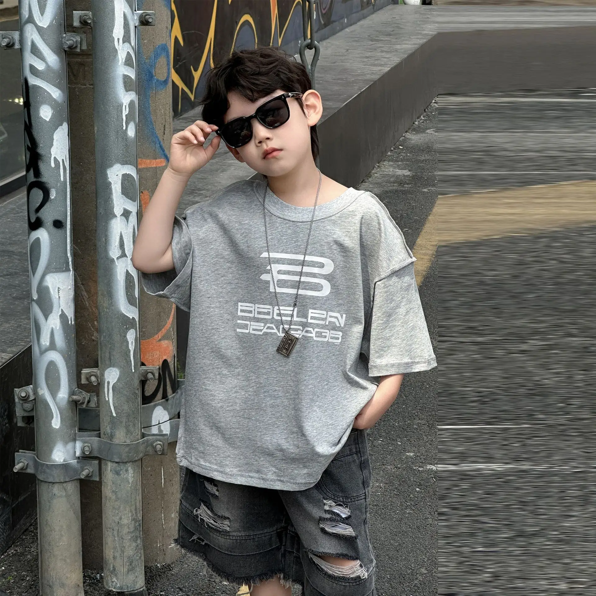 Boys Grey Printed T-Shirt 2025 Summer Casual Wear — feature 2