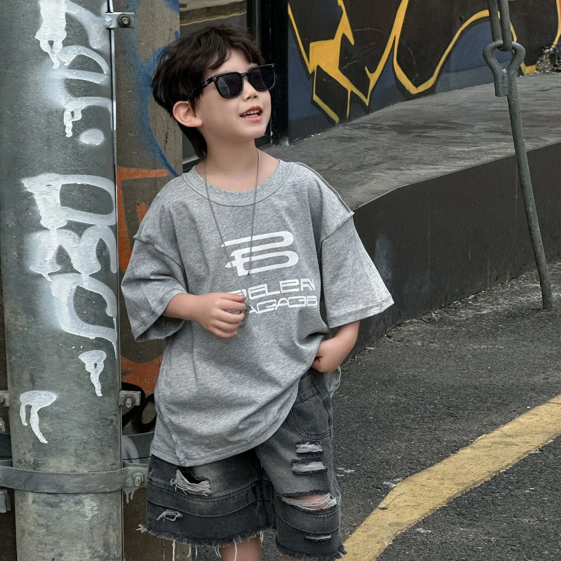 Boys Grey Printed T-Shirt 2025 Summer Casual Wear — feature 7