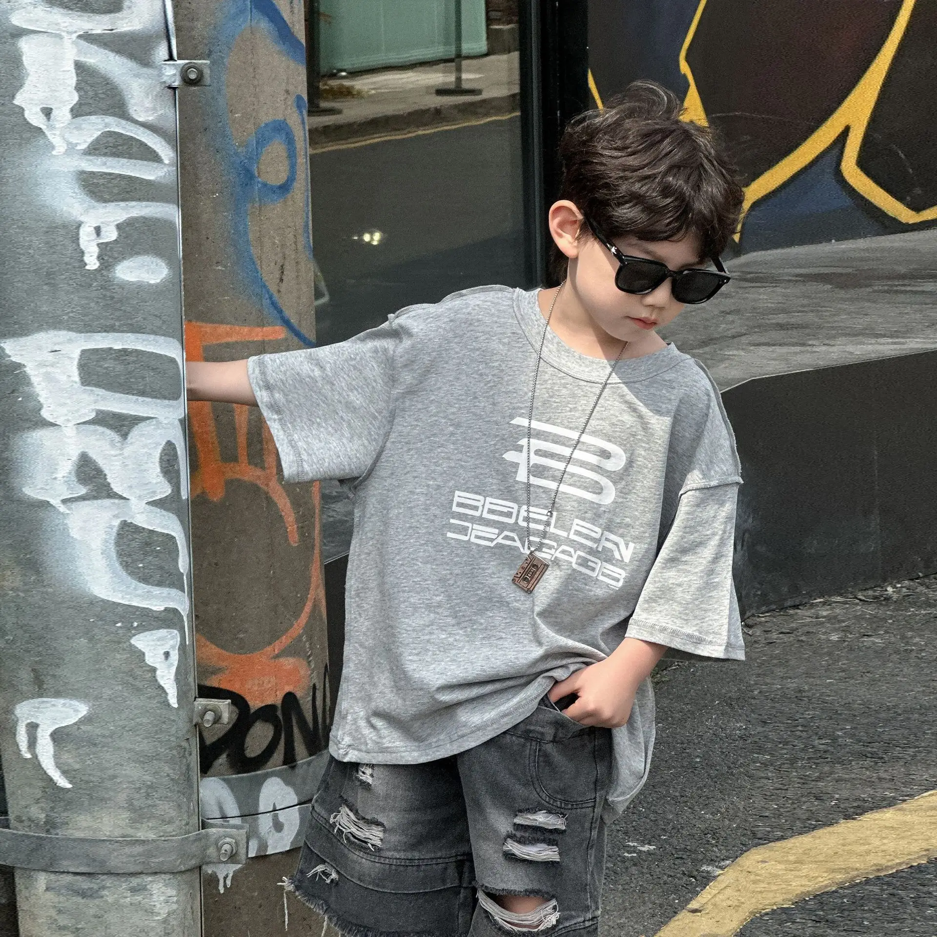 Boys Grey Printed T-Shirt 2025 Summer Casual Wear — feature 8