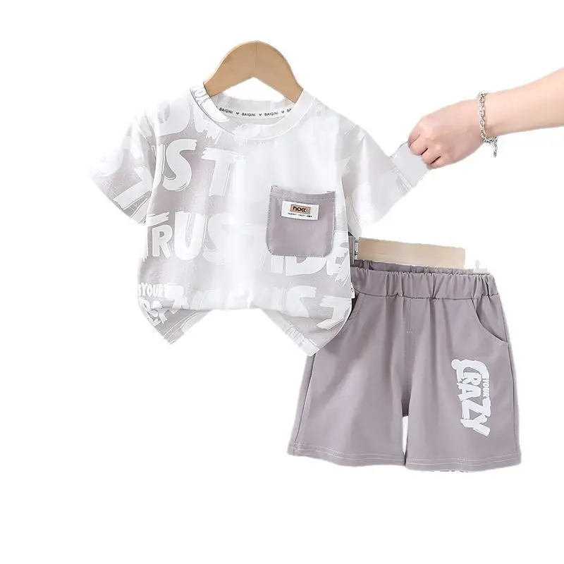 Kids Printed T-Shirt Shorts Set White Grey Summer Wear - Image 6