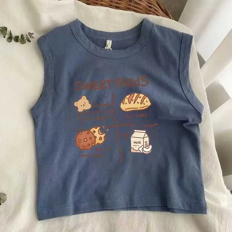 Kids Sleeveless T-Shirt Set Pure Cotton Summer Cartoon Print - Image 3
