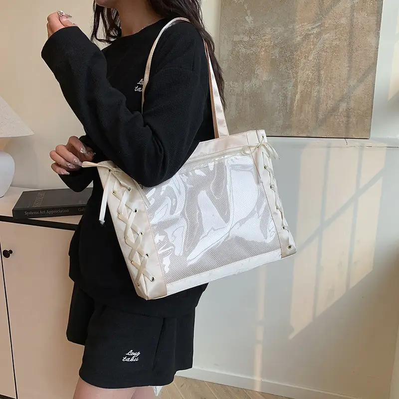 Pink Transparent String Tote Bag for Women - Image 9