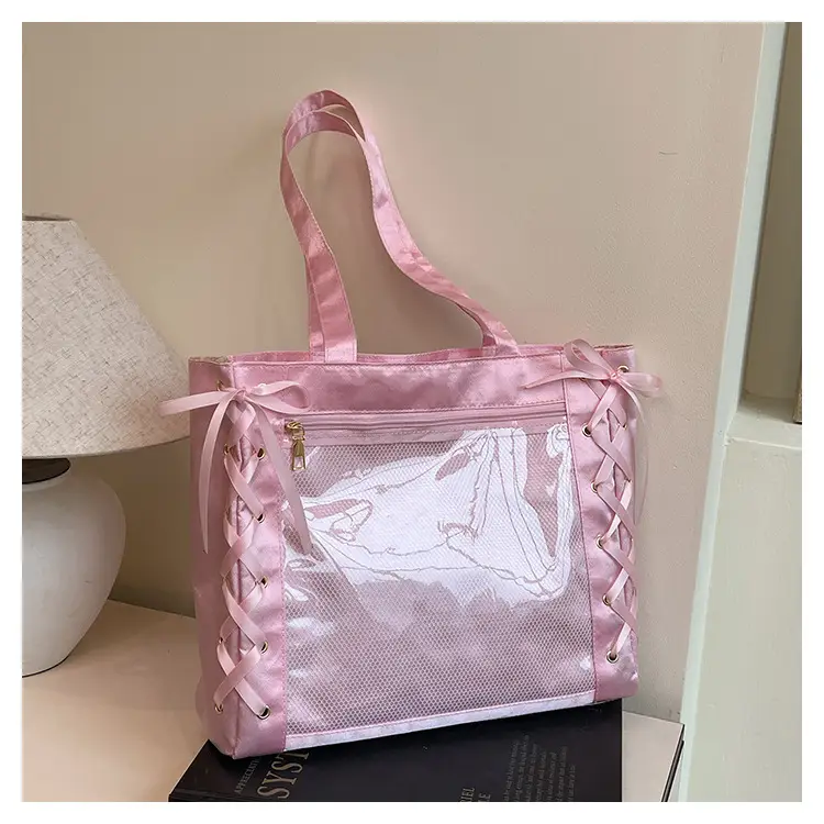 Pink Transparent String Tote Bag for Women - Image 5
