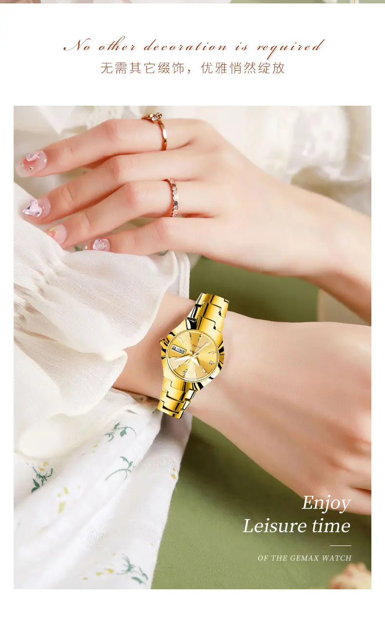 Gold Quartz Watch with Diamond Cover, Waterproof Steel Band, Cross-Border Design — feature 16