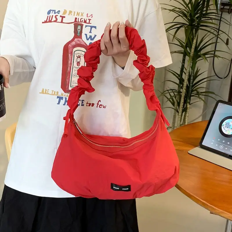 Red Pleated Women's Shoulder Bag 2025 Casual Large Capacity - Image 5