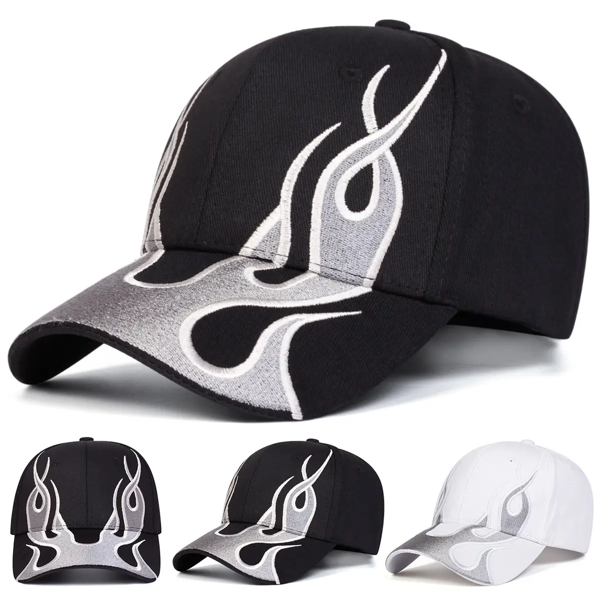 Kanye Flame Embroidered Baseball Cap Black Silver White — feature 1