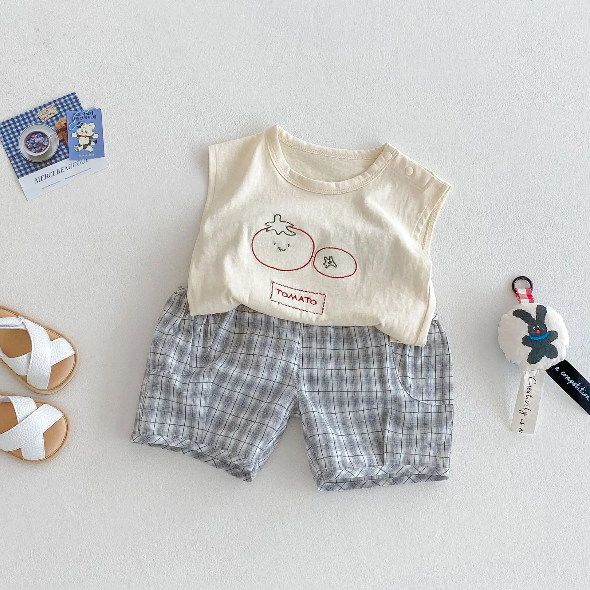 Kids Cartoon Vest & Plaid Shorts Set Summer Boys - Image 3