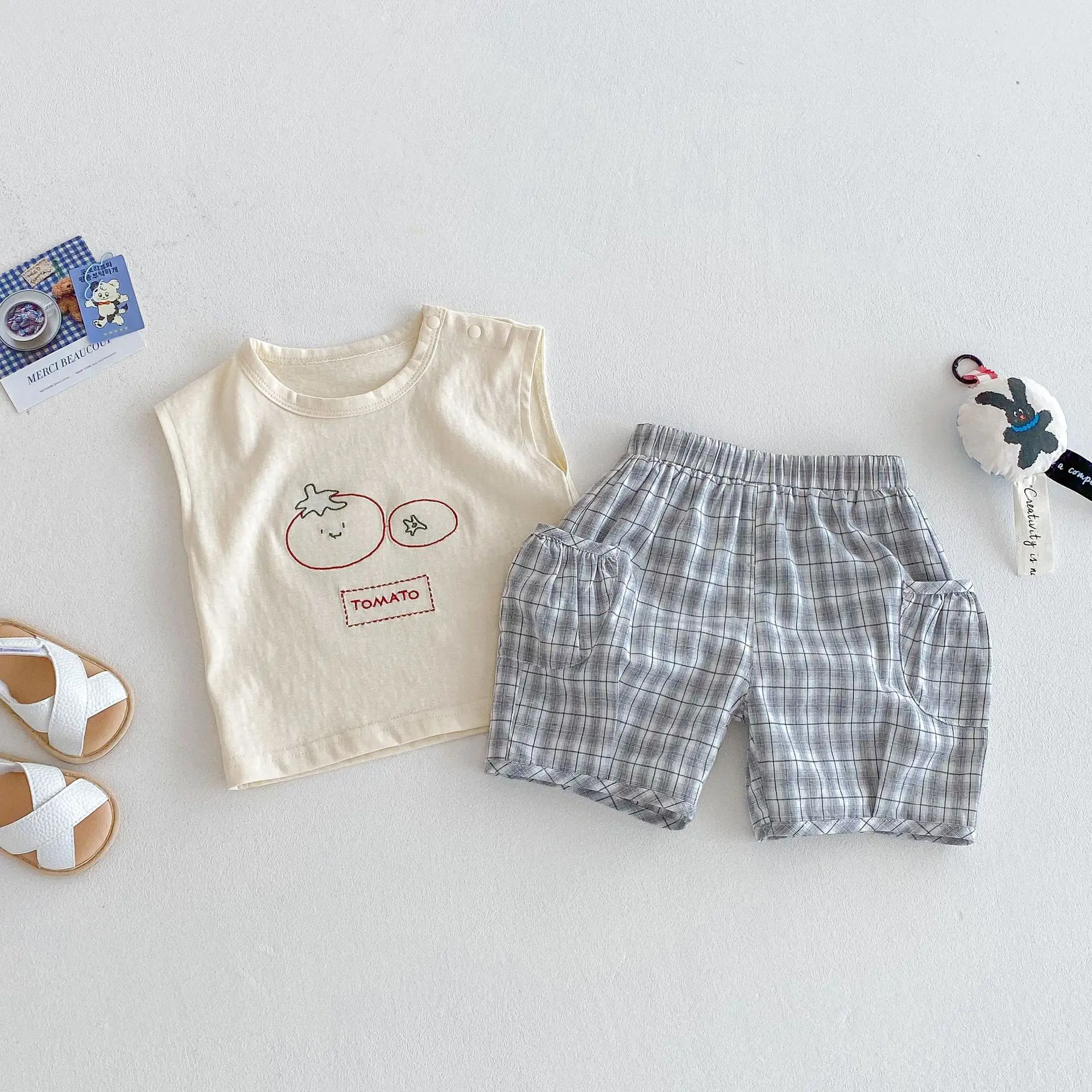 Kids Cartoon Vest & Plaid Shorts Set Summer Boys - Image 5
