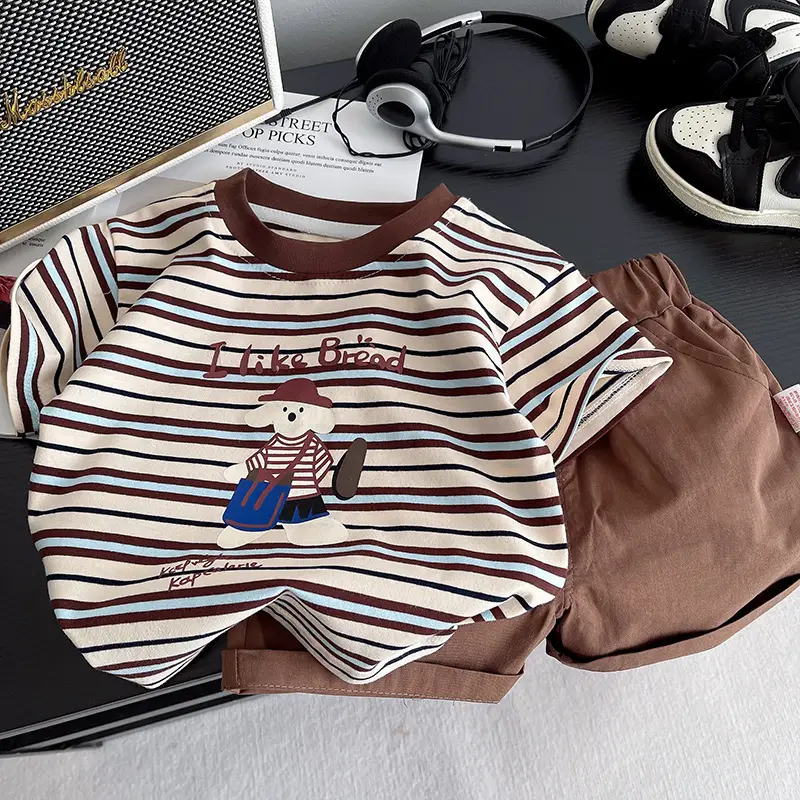 Kids Stripe T-Shirt Brown Striped Cotton Crew Neck Set - Image 3