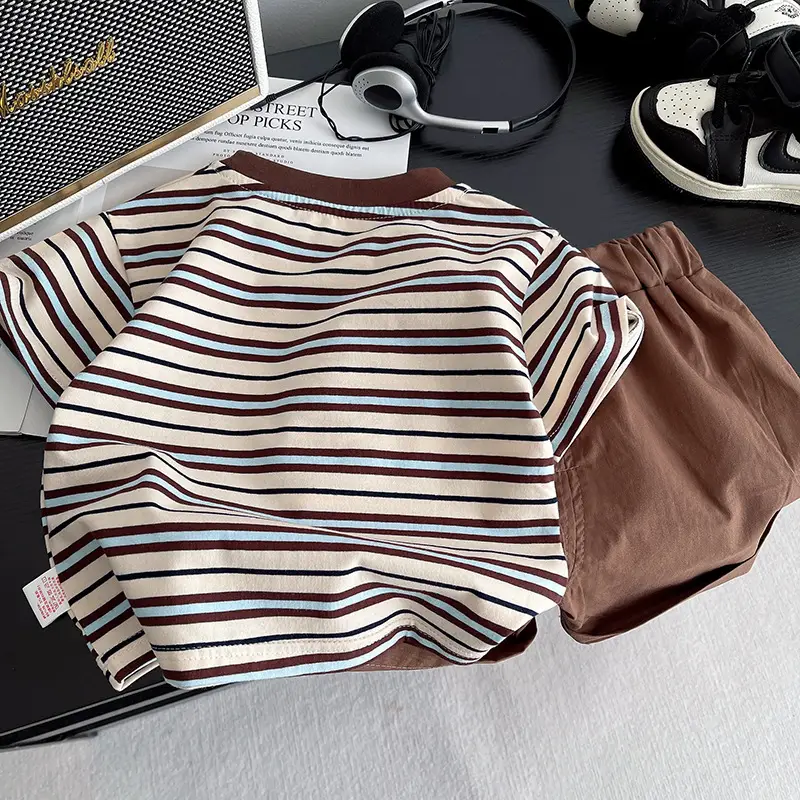Kids Stripe T-Shirt Brown Striped Cotton Crew Neck Set - Image 4