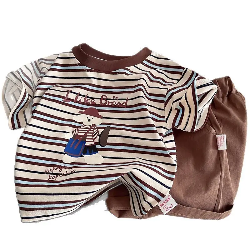 Kids Stripe T-Shirt Brown Striped Cotton Crew Neck Set - Image 6