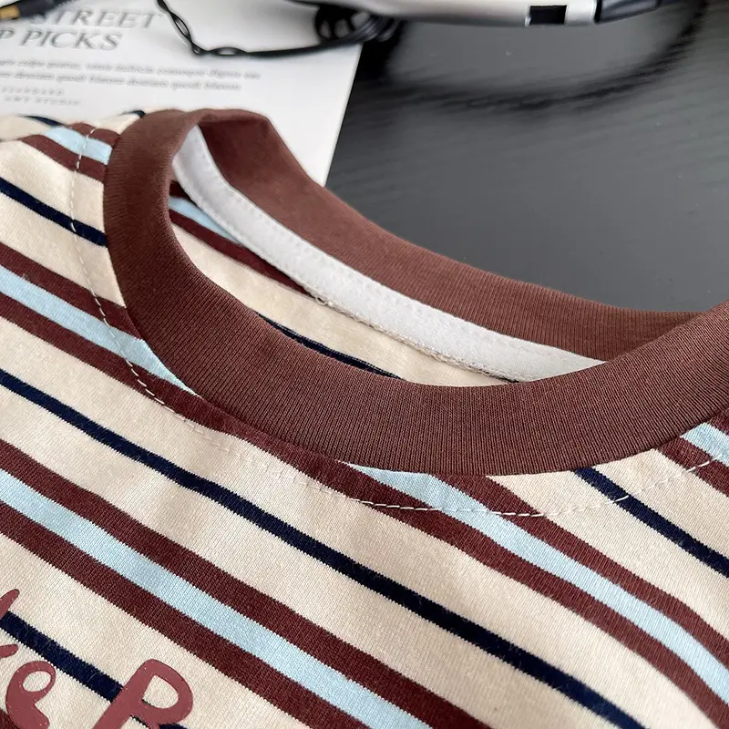Kids Stripe T-Shirt Brown Striped Cotton Crew Neck Set — feature 3