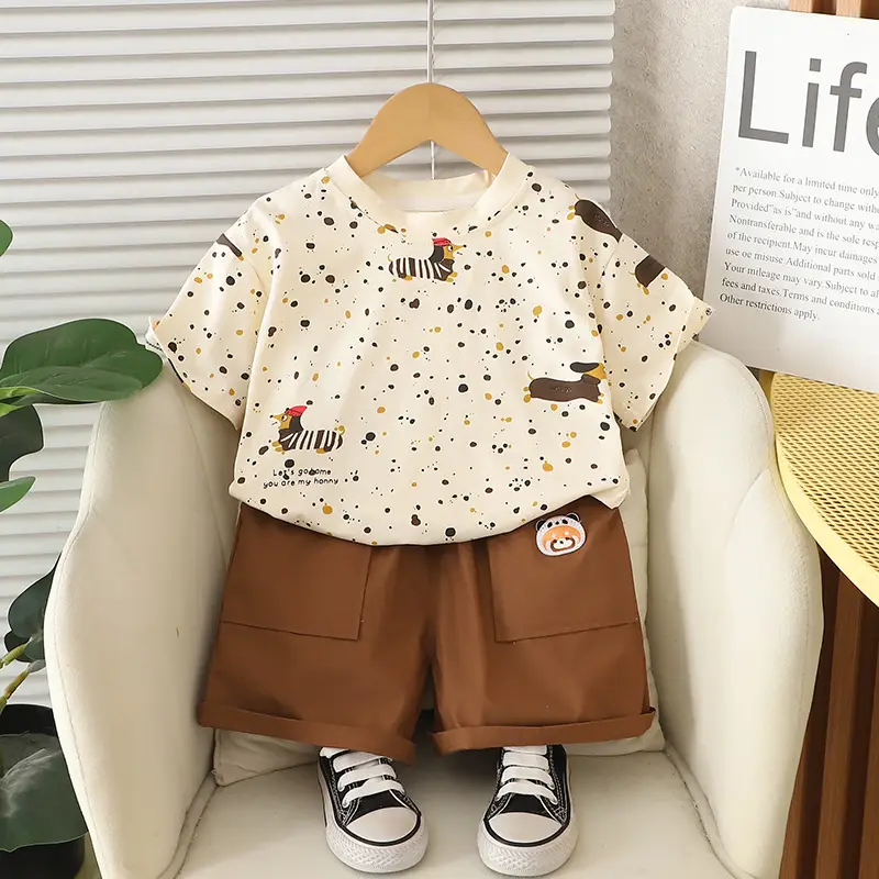 Boys 2025 Summer T-Shirt Shorts Set White Brown