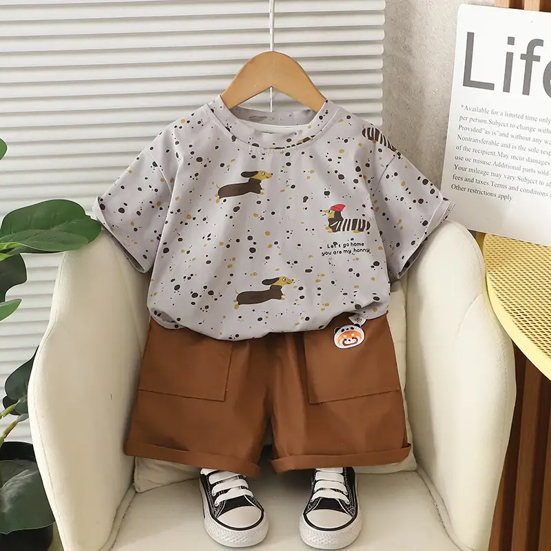 Boys 2025 Summer T-Shirt Shorts Set White Brown