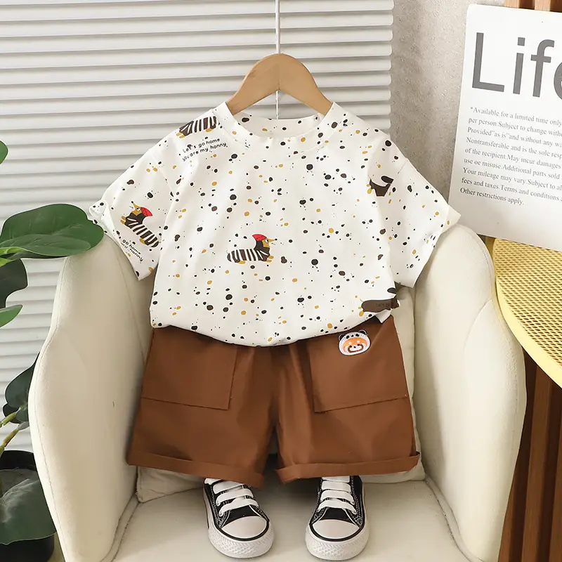 Boys 2025 Summer T-Shirt Shorts Set White Brown