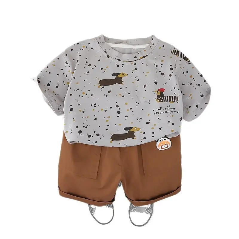 Boys 2025 Summer T-Shirt Shorts Set White Brown