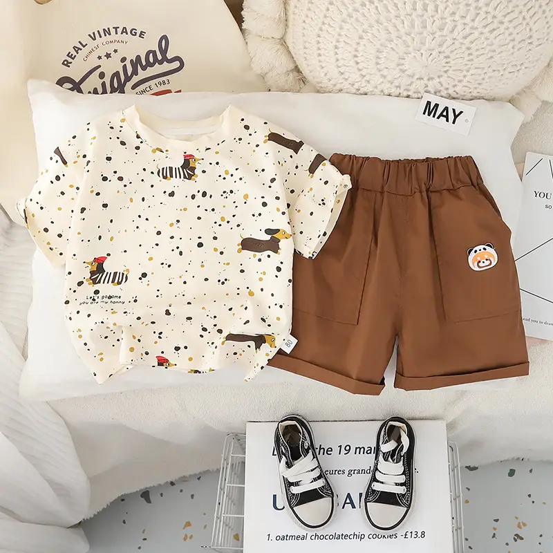 Boys 2025 Summer T-Shirt Shorts Set White Brown — feature 2