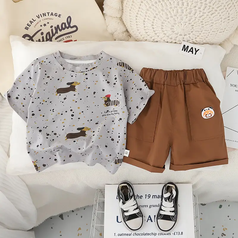 Boys 2025 Summer T-Shirt Shorts Set White Brown — feature 4