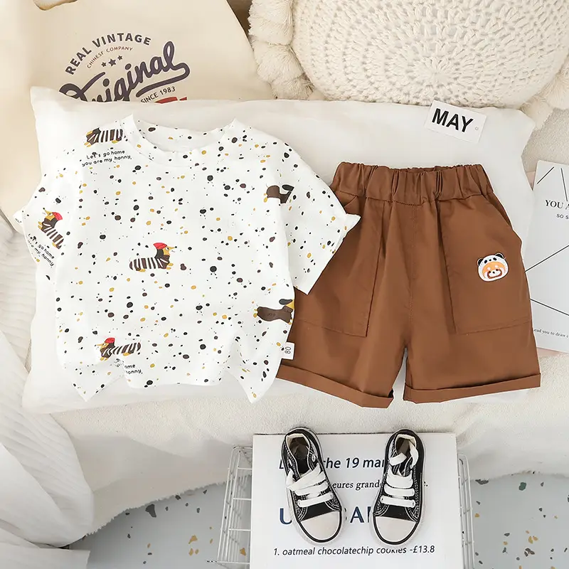 Boys 2025 Summer T-Shirt Shorts Set White Brown — feature 6