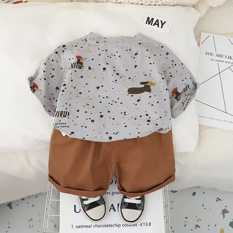 Boys 2025 Summer T-Shirt Shorts Set White Brown — feature 8