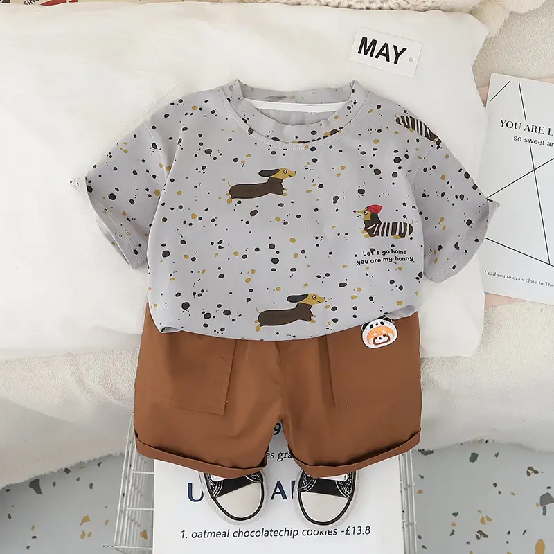 Boys 2025 Summer T-Shirt Shorts Set White Brown
