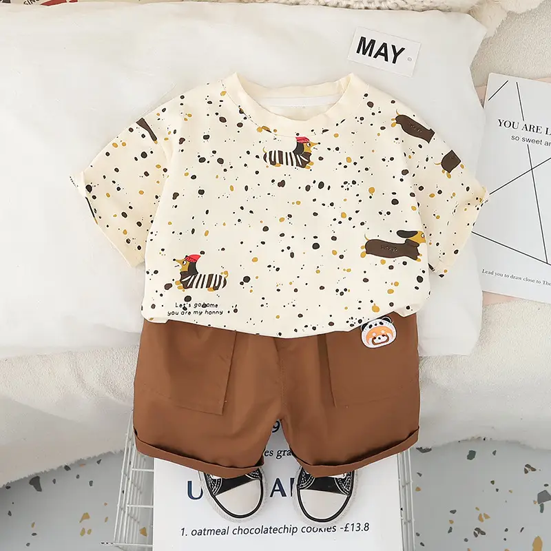 Boys 2025 Summer T-Shirt Shorts Set White Brown