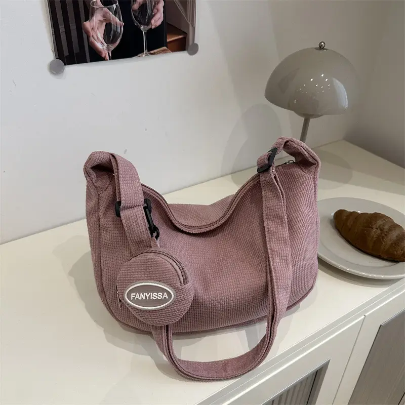 Women's Pink Corduroy Shoulder Crossbody Bag - Image 9