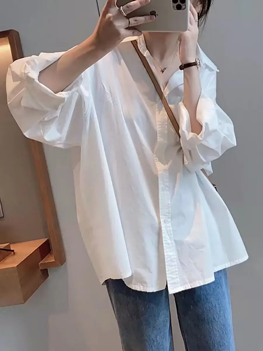 White Shirt Women's Mid-length Top Light Mature French Niche 2025 New Spring Loose Lazy Style Coat Shirt — feature 5