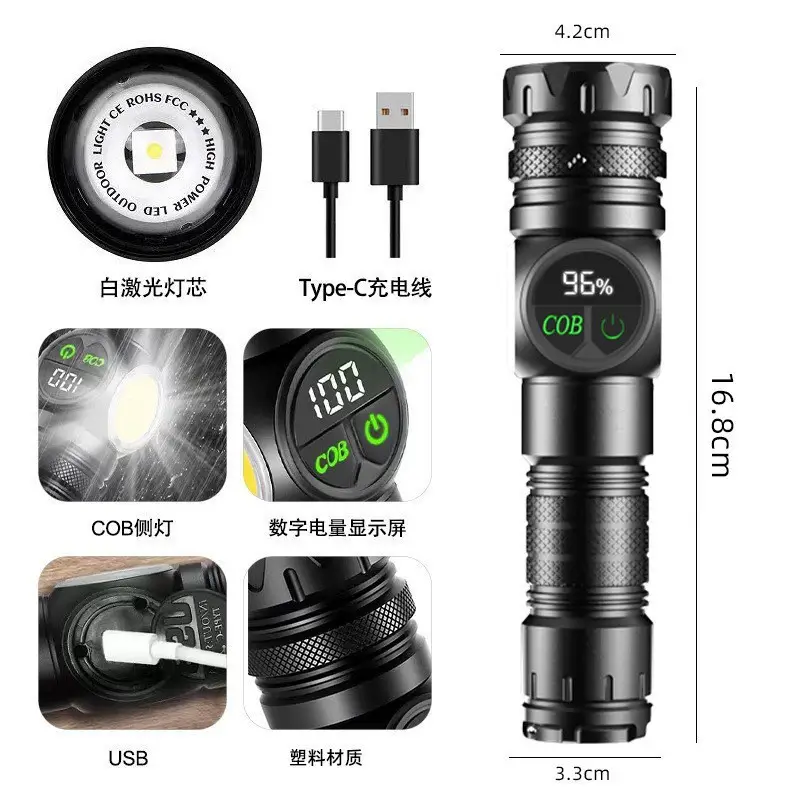 High Power Telescopic Flashlight with Laser & Type-C Charging