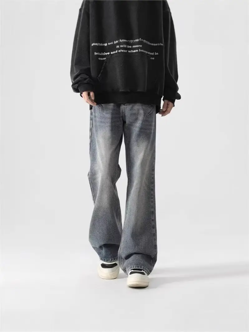 Washed Dark Blue Jeans Autumn Style Loose Casual Distressed