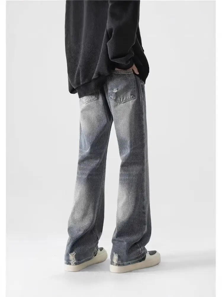 Washed Dark Blue Jeans Autumn Style Loose Casual Distressed