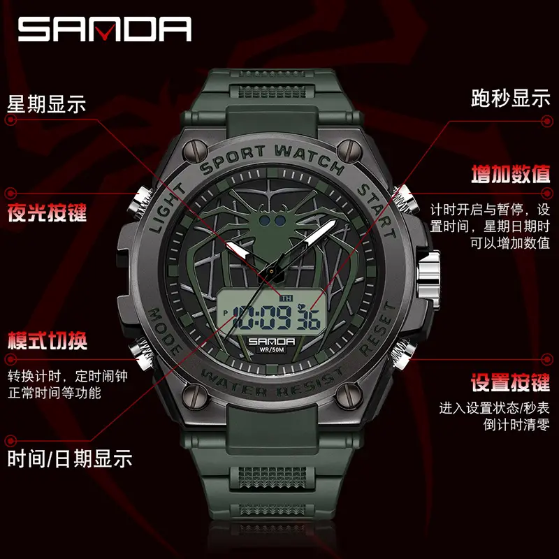 Men's Waterproof Luminous Dual Display Sports Watch Black - Image 7