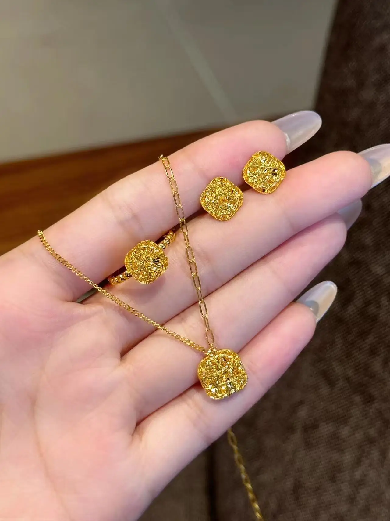 Gold Square Zircon Earrings Necklace Set — feature 1