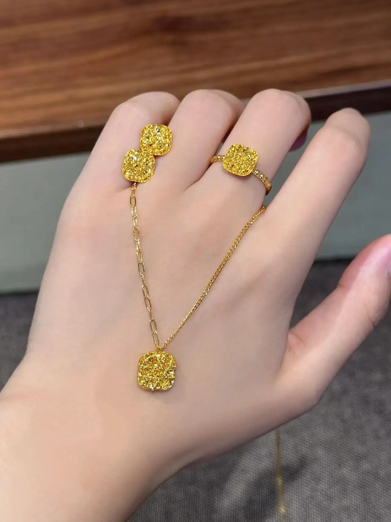 Gold Square Zircon Earrings Necklace Set — feature 2