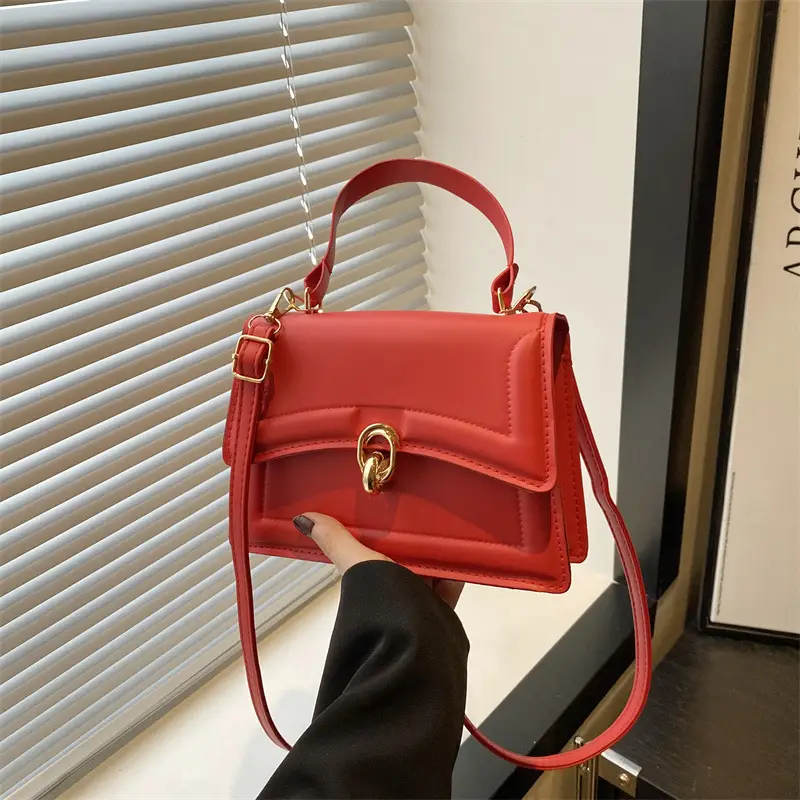 Red Lock Buckle Women's Shoulder Bag with Long Strap