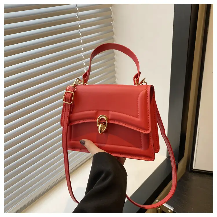 Red Lock Buckle Women's Shoulder Bag with Long Strap