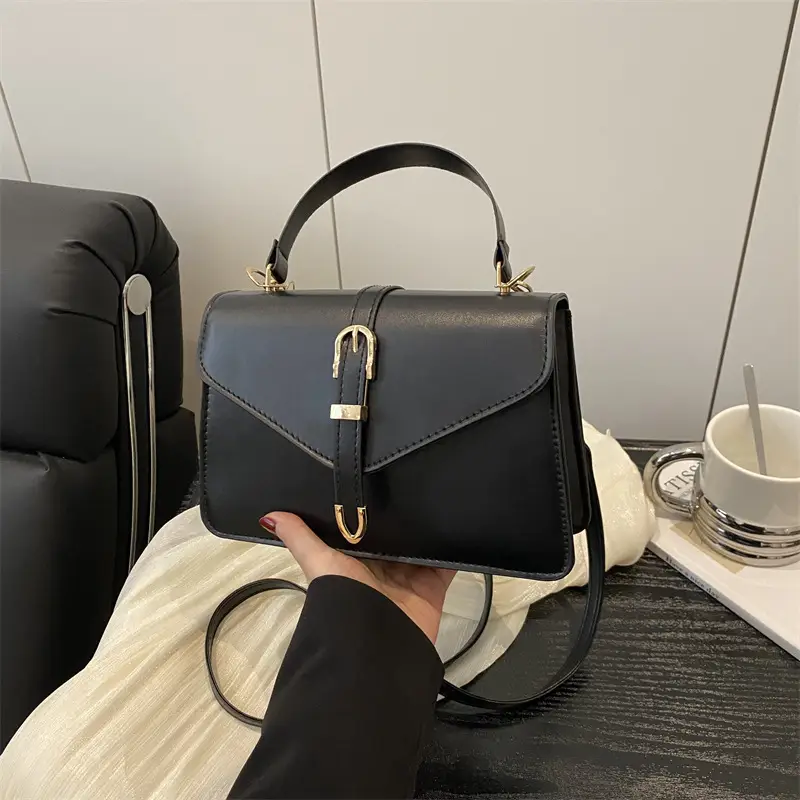 Black Leather Shoulder Bag with Gold Clasp - Image 3