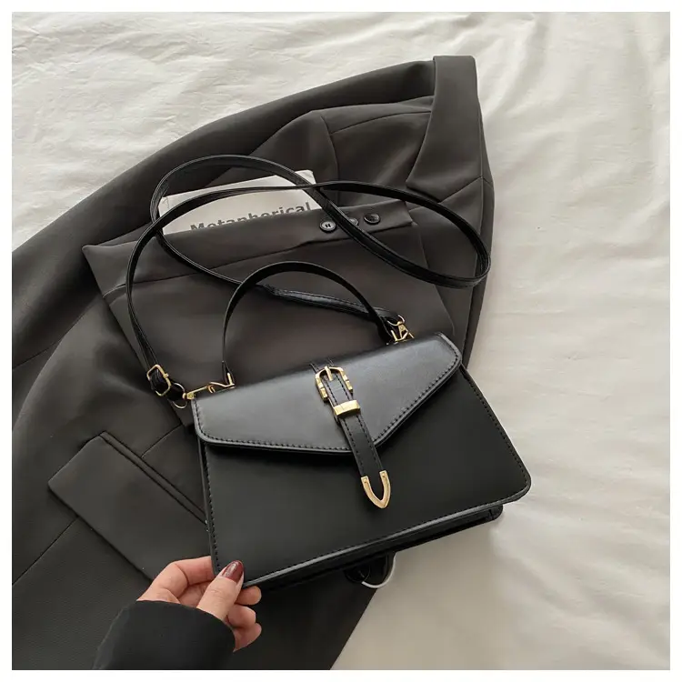 Black Leather Shoulder Bag with Gold Clasp — feature 15