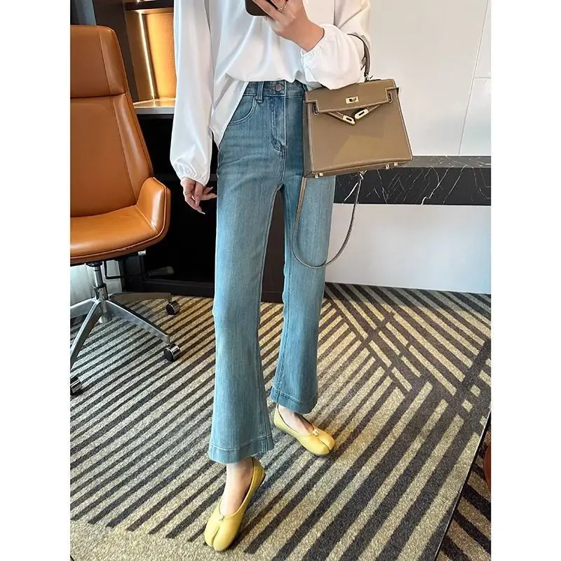 Vintage Micro-La Jeans Women's Spring and Summer 2025 New Stretch High Waist Slim-fit Nine-point Horseshoe Flared Pants for Small Men