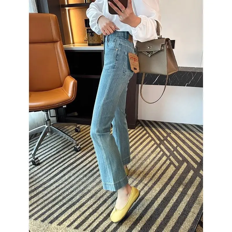 Vintage Micro-La Jeans Women's Spring and Summer 2025 New Stretch High Waist Slim-fit Nine-point Horseshoe Flared Pants for Small Men