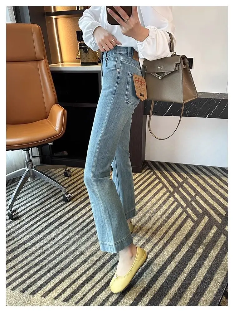 Vintage Micro-La Jeans Women's Spring and Summer 2025 New Stretch High Waist Slim-fit Nine-point Horseshoe Flared Pants for Small Men — feature 10