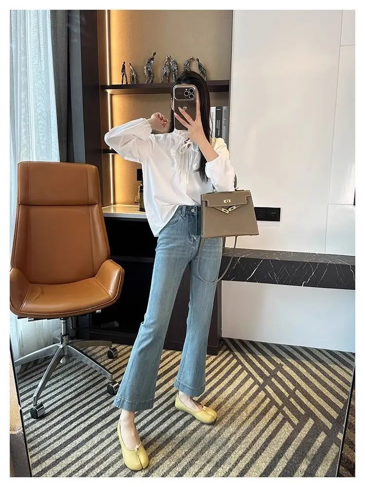 Vintage Micro-La Jeans Women's Spring and Summer 2025 New Stretch High Waist Slim-fit Nine-point Horseshoe Flared Pants for Small Men — feature 11