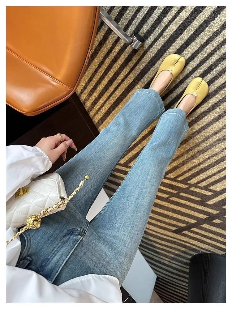 Vintage Micro-La Jeans Women's Spring and Summer 2025 New Stretch High Waist Slim-fit Nine-point Horseshoe Flared Pants for Small Men — feature 12
